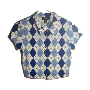Just Polly Blue & White Argyle Print Short Sleeved Button Down Crop Top